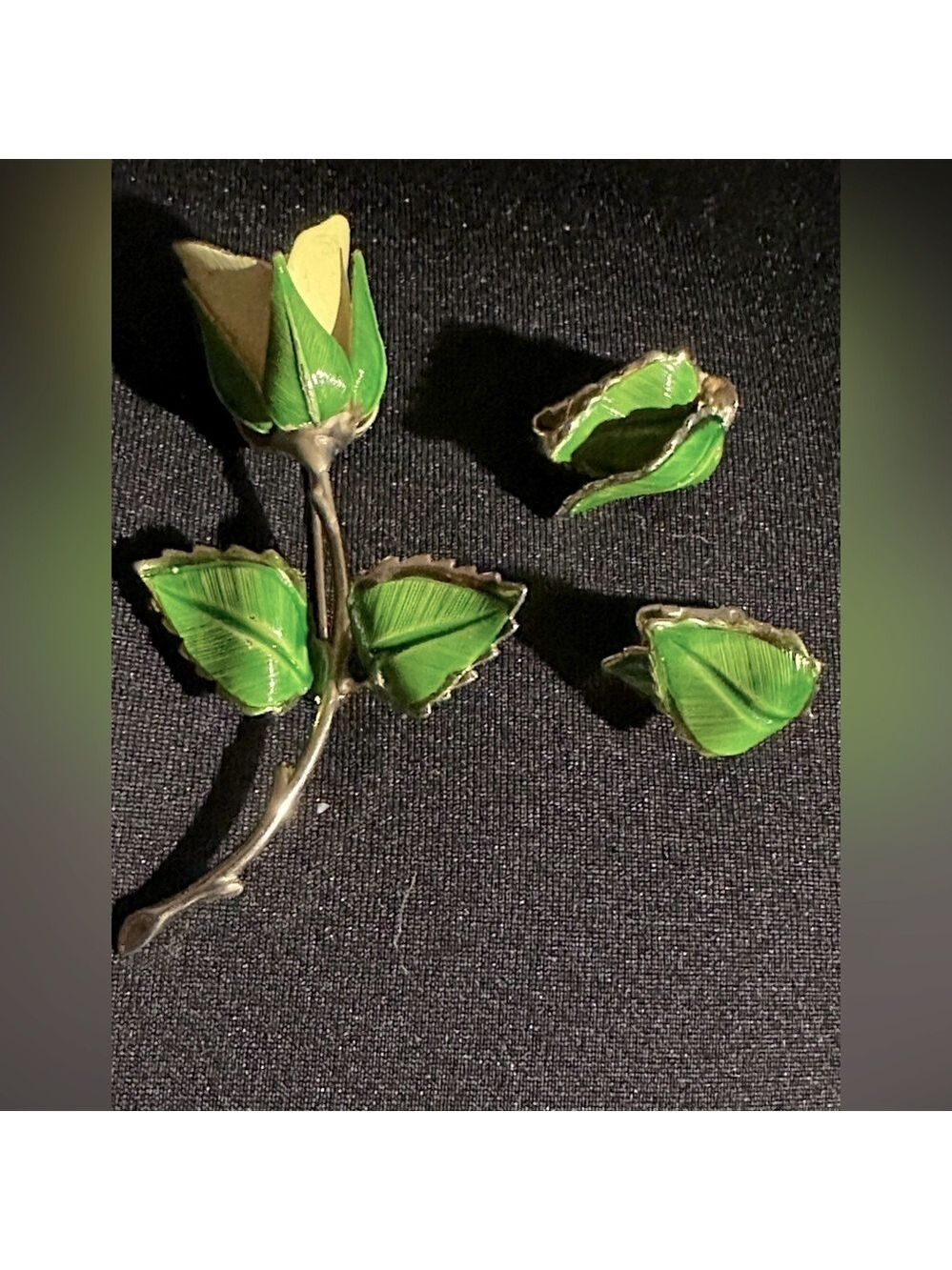 Vintage Giovanni Rose Flower Pin & Earrings Long Stem Gold Tone Enameled